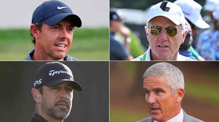 Clockwise from top left: Rory McIlroy, Greg Norman, Jay Monahan and Aaron Rodgers